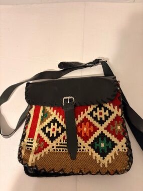 Vintage Turkish Kilim Wool & Leather Black-Red-Tan Crossbody Bag 12"x12"x3